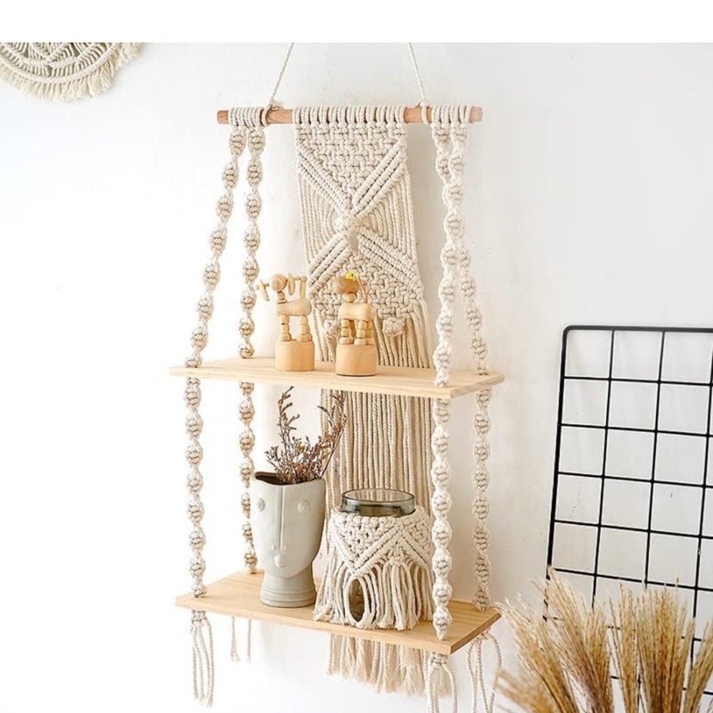 Boho Handcrafted Cream Macrame Wall Shelf
